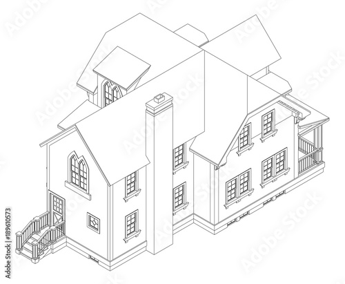Old house in Victorian style. Illustration on white background. Black and white illustration in contour lines. Species from different sides.