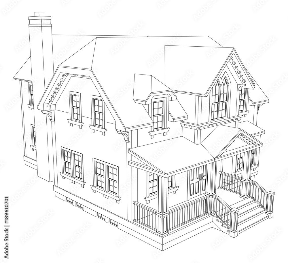 Old house in Victorian style. Illustration on white background. Black ...