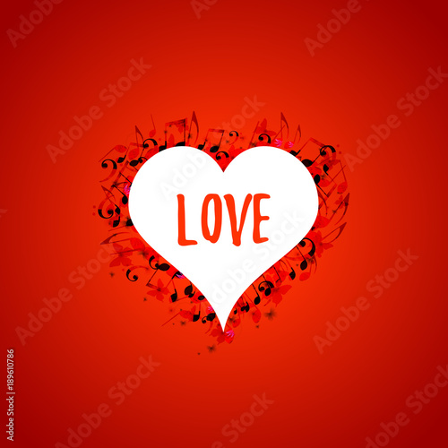 Heart shaped frame with music notes on red background. Music elements for card, poster, party invitation. Music background design vector illustration 