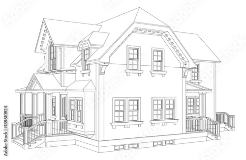 Old house in Victorian style. Illustration on white background. Black and white illustration in contour lines. Species from different sides.