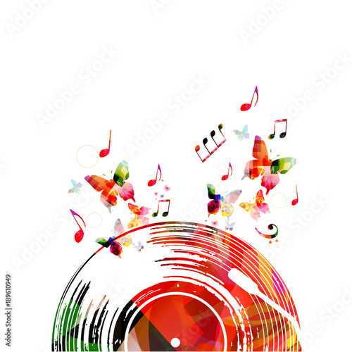 Colorful music poster with vinyl record and music notes. Music elements for card, poster, invitation. Music background design vector illustration