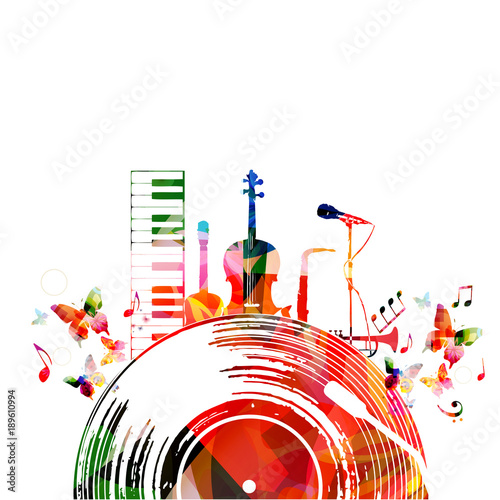 Colorful music poster with vinyl record and music instruments. Music background design vector illustration. Colorful piano keyboard, violoncello, guitar, saxophone, trumpet and microphone isolated