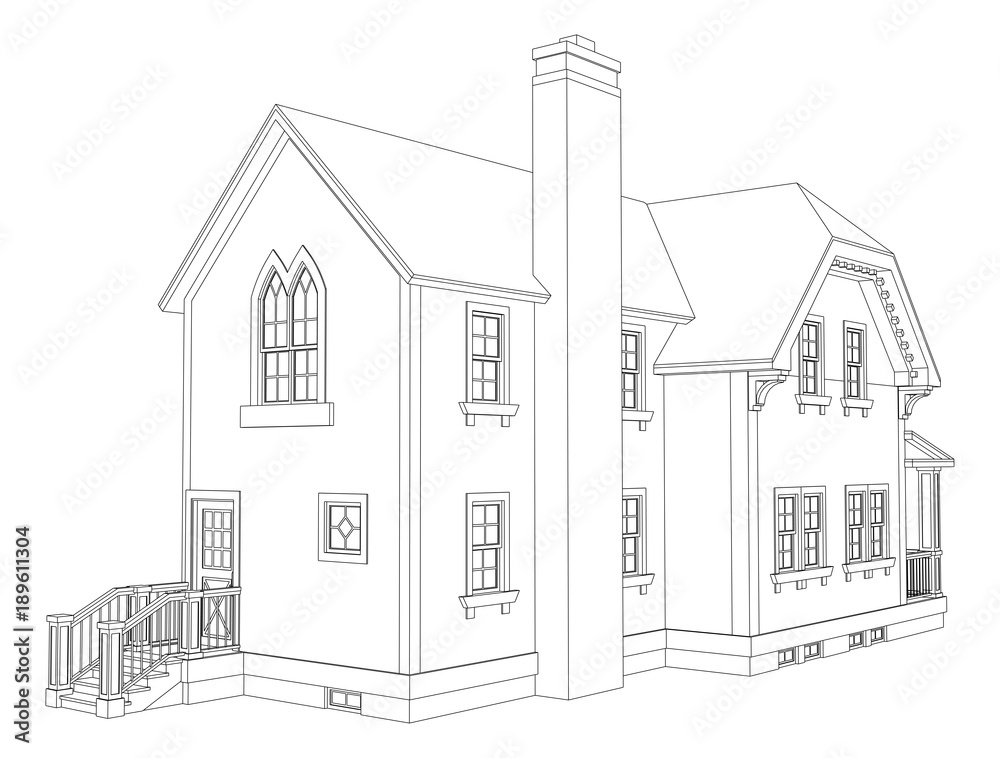 Old house in Victorian style. Illustration on white background. Black ...