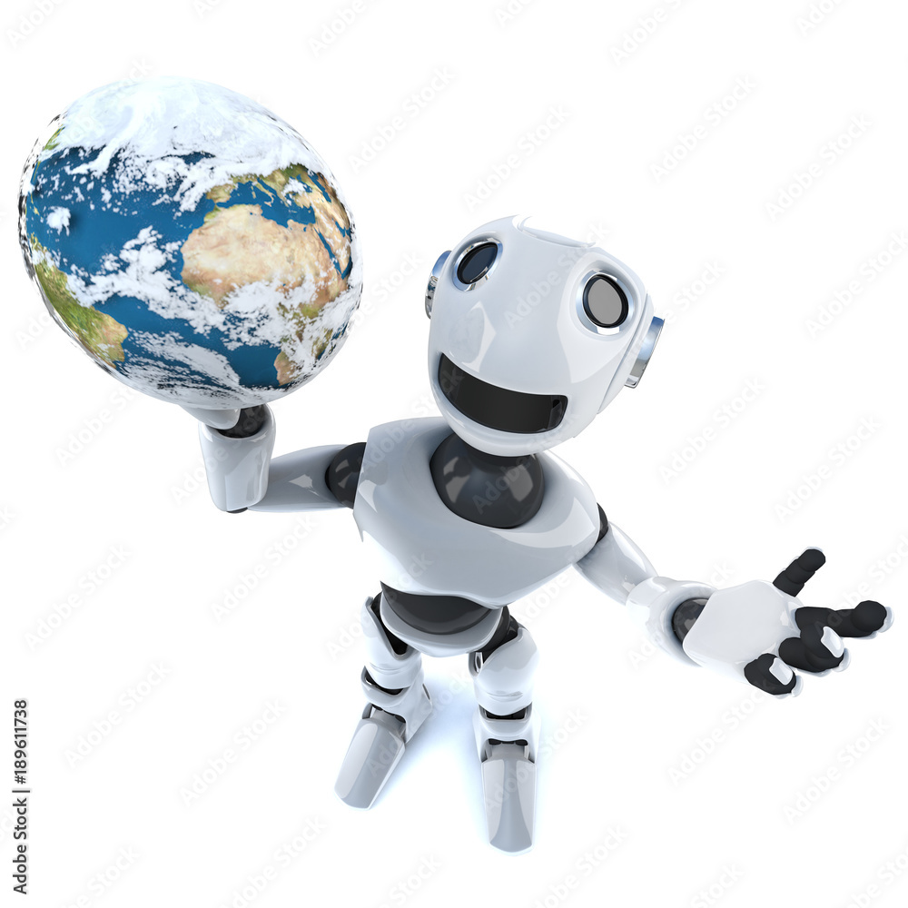 3d Cool robot mechanical man holding a globe of the world 3d Cool robot mechanical man holding a globe of the world