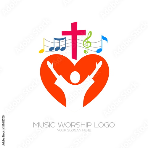 Music logo. Christian symbols. The believer worships Jesus Christ, sings the glory to God photo