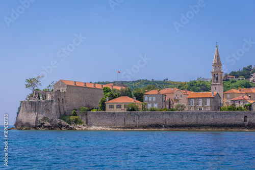 Old Town of Budva town on the Adriatic Sea coast in Montenegro, view with cathedral tower