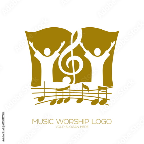 Music logo. Christian symbols. Worshiping God, people and the treble clef on the background of the Bible