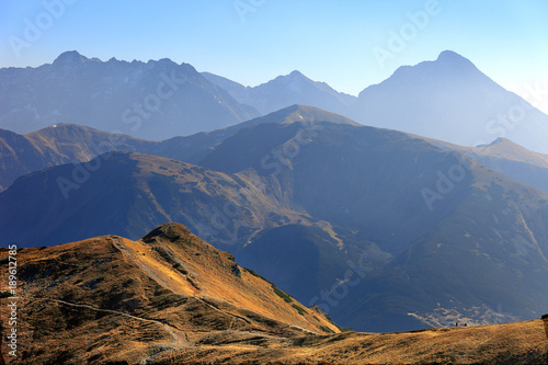 Fototapeta Naklejka Na Ścianę i Meble -  Poland, Tatra Mountains, Zakopane - Pass under Kopa Kondracka, Goryczkowa Czuba, Hruby Wierch, Krywan peaks and High Tatra in background