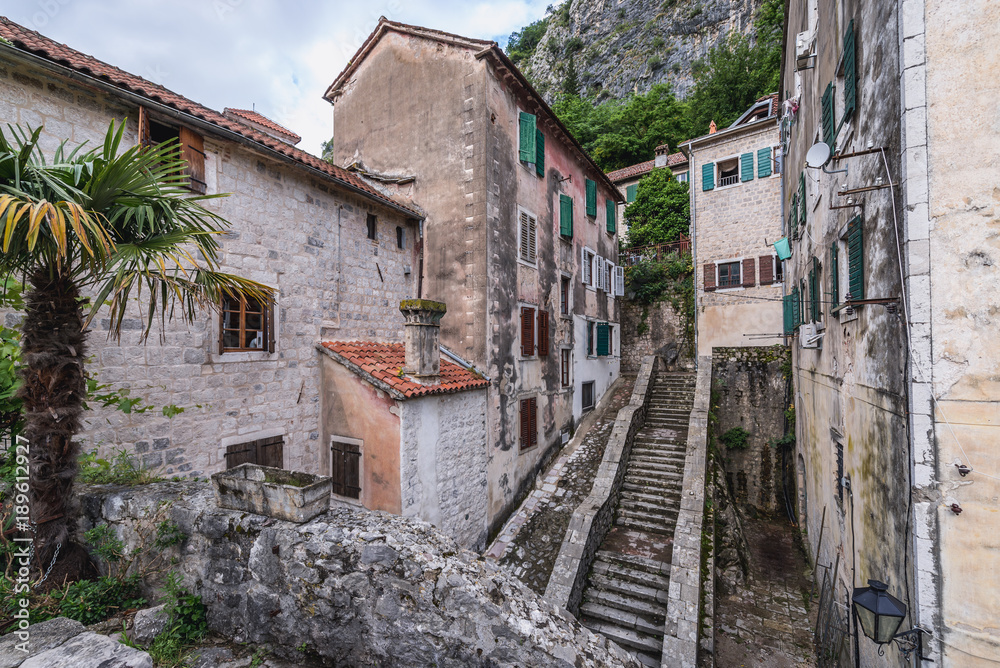 Houses and stairs on historical Old Town of Kotor in Montenegro