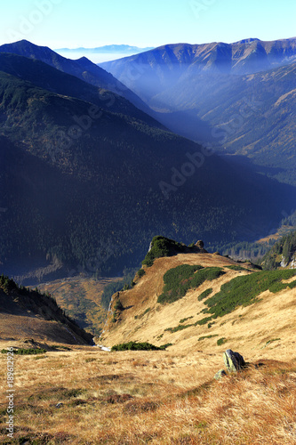 Poland, Tatra Mountains, Zakopane - Goryczkowa Pass, Cicha Liptowska and Tomanowa valleys with Czerwone Wierchy peaks and Western Tatra in background photo