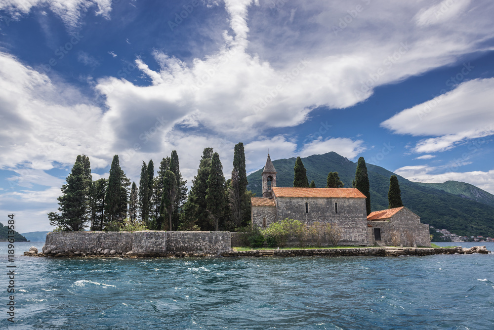 Monastery and church on the famous Sveti Dorge islet in the Kotor Bay, near Perast town, Montenegro