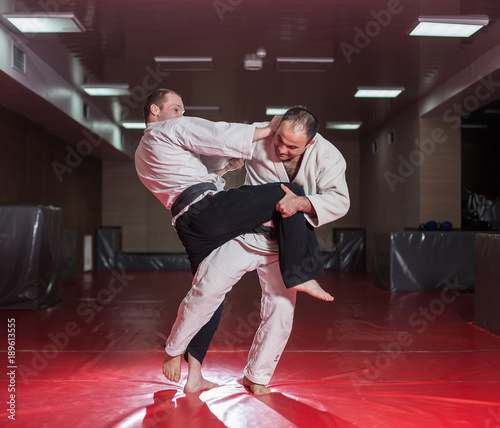 Two karate fighters showing technical skill while practicing