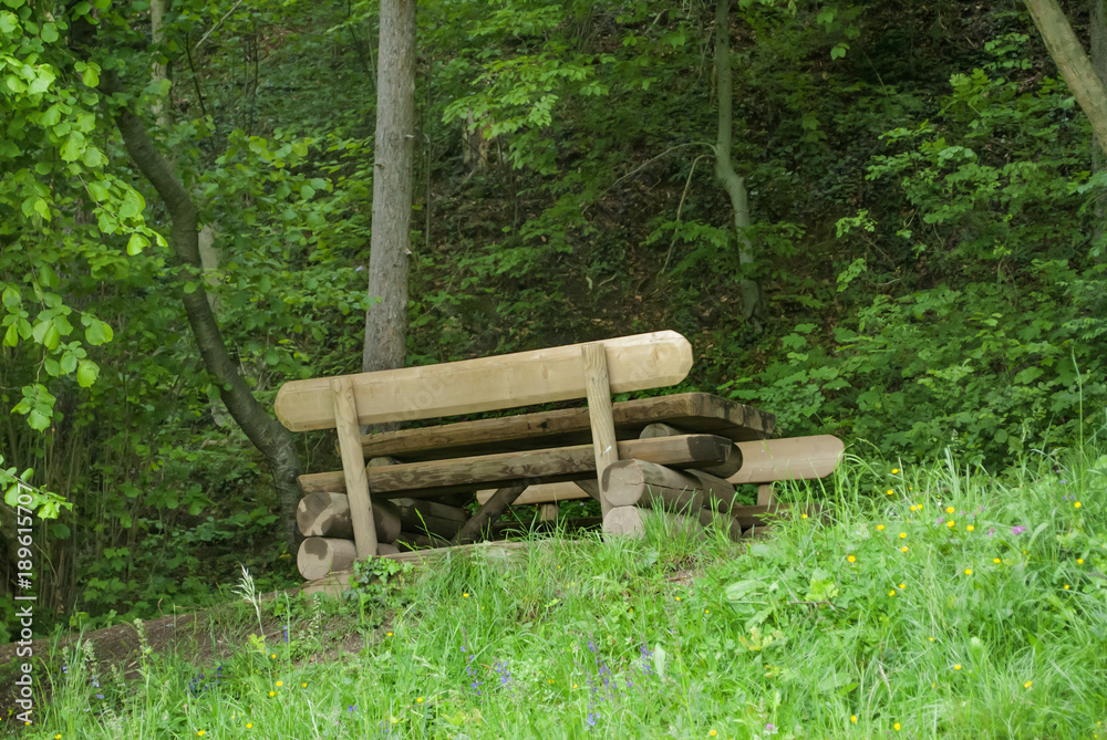 Wooden table and benches made out of logs beside forest. Wooden table and benches made out of logs beside forest.
