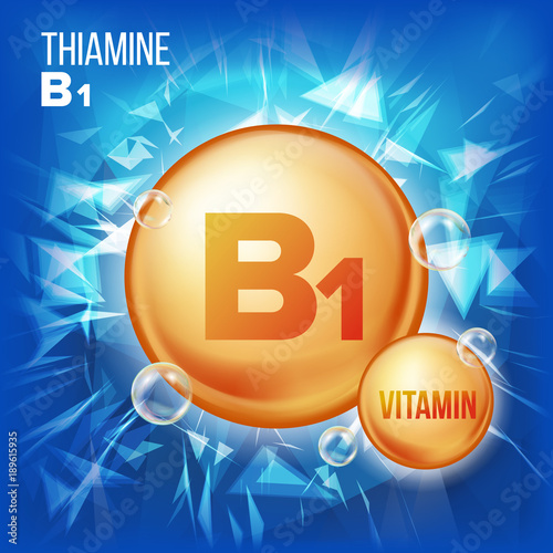 Vitamin B1 Thiamine Vector. Vitamin Gold Oil Pill Icon. Organic Vitamin Gold Pill Icon. For Beauty, Cosmetic, Heath Promo Ads Design. 3D Vitamin Complex With Chemical Formula. Illustration