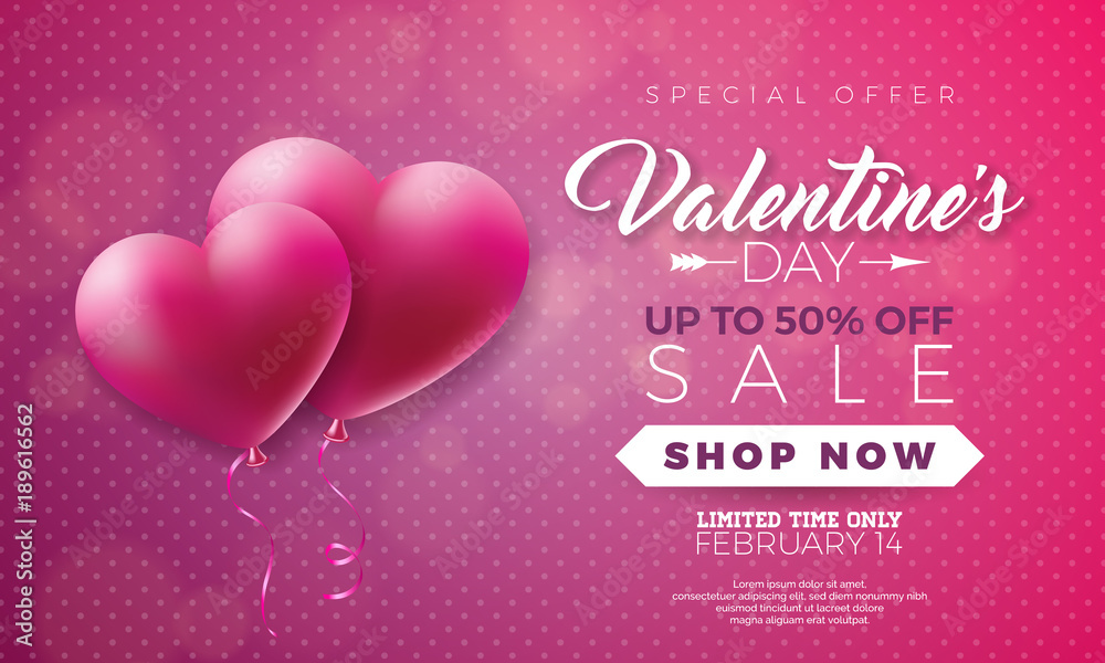 Valentines day sale illustration with heart on red background. Vector special offer illustration for coupon, banner, voucher or promotional poster.