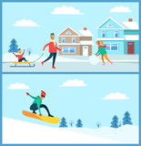 Snowboarder and Family Set Vector Illustration