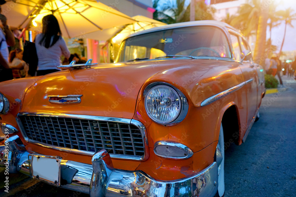 Old fashioned car parked in the street of Miami South beach