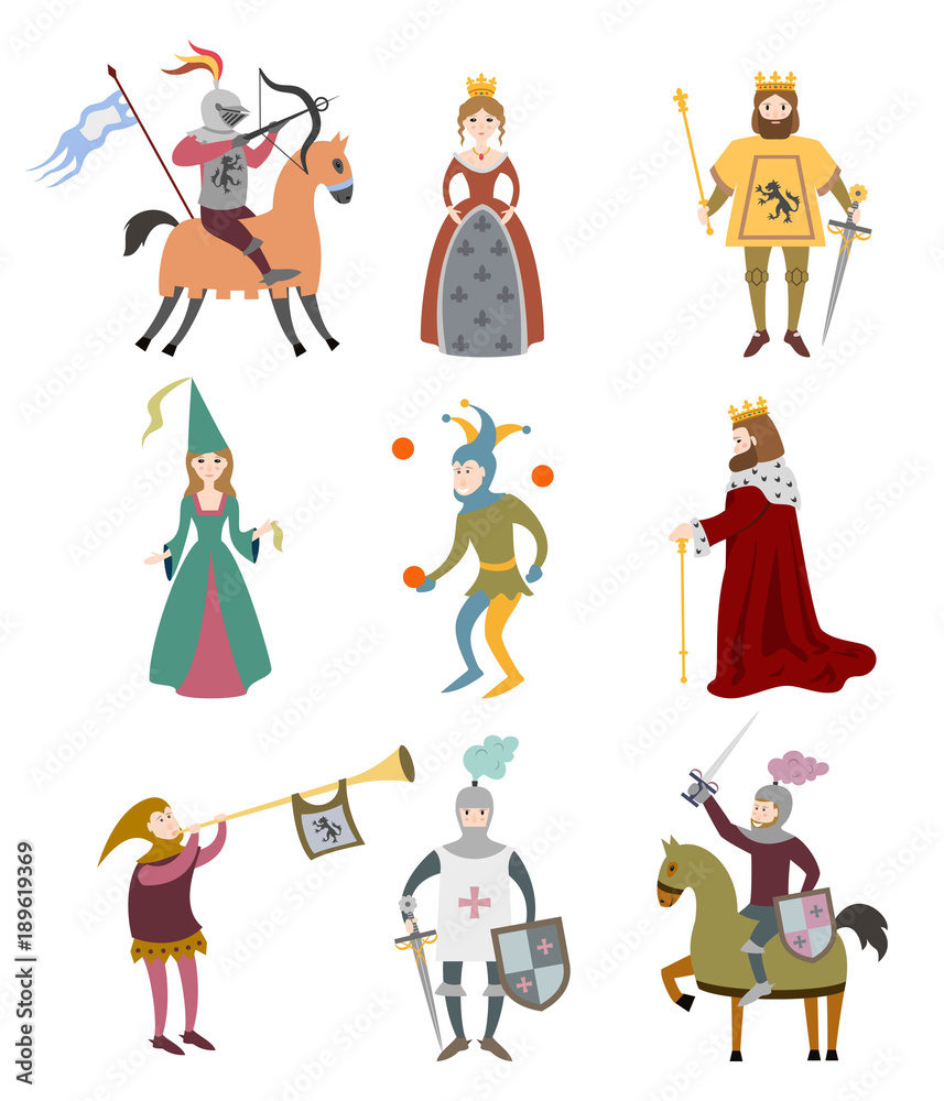 Set of cartoon medieval characters on white background. Set of cartoon medieval characters on white background.