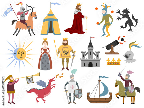 Big set of cartoon medieval characters and medieval attributes on white background.