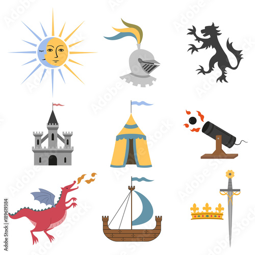 Set of cartoon medieval attributes on white background.