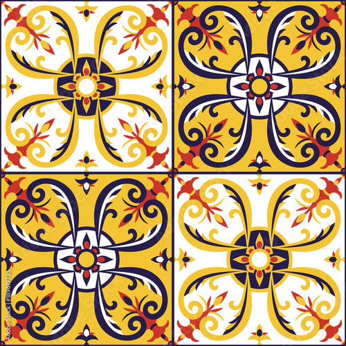 Italian tile pattern vector seamless. Portuguese azulejos  mexican talavera  spanish  sicily majolica or moroccan design. Floor tiles print for wrapping paper  tablecloth  wall ceramic or fabric.