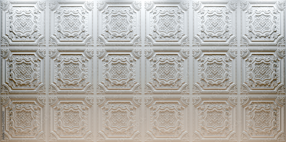 White tile with ornament, pattern in retro style. 3D rendering.