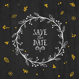 Save the Date card with wreath, lettering and other decorative elements. Vector hand drawn illustration.