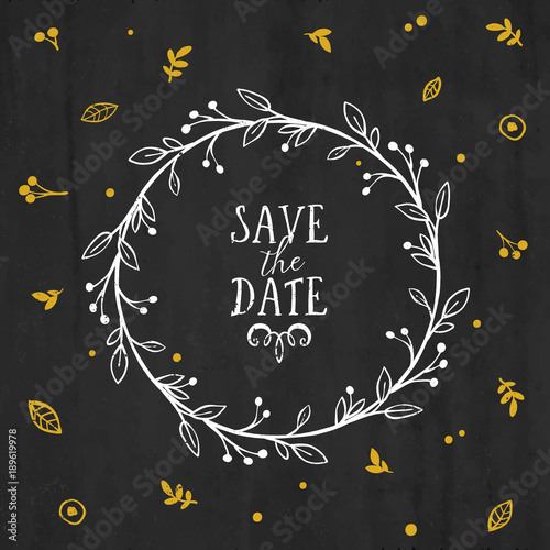 Save the Date card with wreath, lettering and other decorative elements. Vector hand drawn illustration.