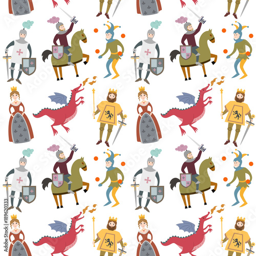 Fototapeta Naklejka Na Ścianę i Meble -  Cartoon pattern with medieval characters on white background. Vector illustration.