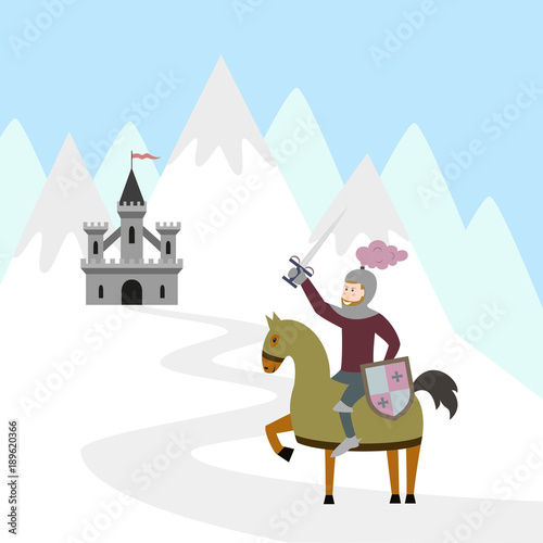 Cartoon knight on horseback and medieval castle on snow mountain.