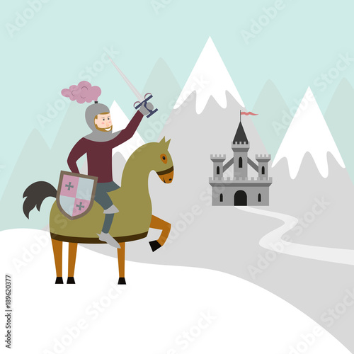 Cartoon knight on horseback and medieval castle on snow mountain.