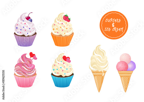 Sweet cupcakes and ice cream vector set on white background for greeting cards and banners
