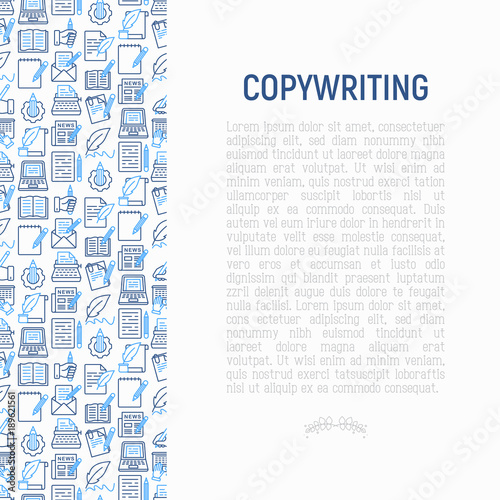 Copywriting concept with thin line icons: letter, e-mail, book, blogging, hand with pen, feather, typewriter, article, seo. Modern vector illustration for web page template, banner.