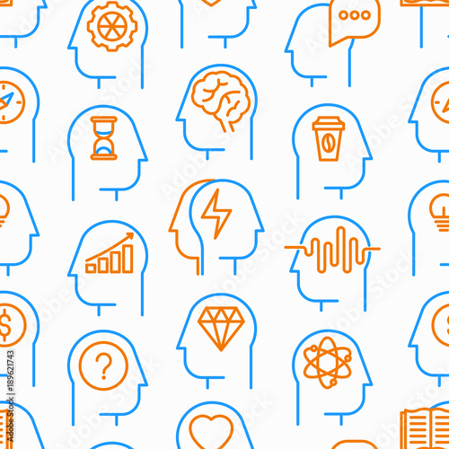 Mind process seamless pattern with thin line icons: intelligence, passion, conflict, innovation, time management, exploration, education, logical thinking. Modern vector illustration.