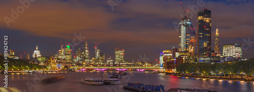 London - The evening panorama of the City with the skyscrapers financial district.
