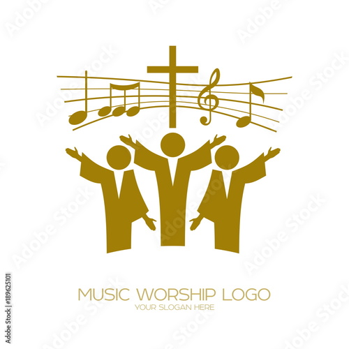 Music logo. Christian symbols. Believers in Jesus sing a song of glorification to the Lord
