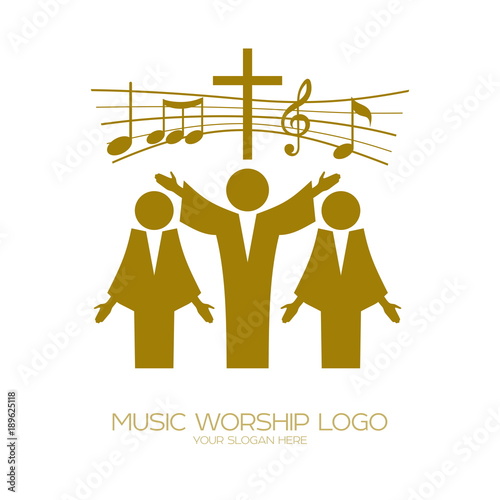 Music logo. Christian symbols. Believers in Jesus sing a song of glorification to the Lord