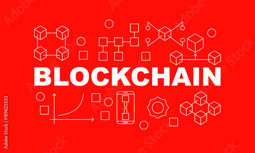 Creative technology banner made with block chain icons and word BLOCKCHAIN inside on red background