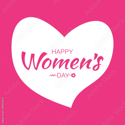 Pink Happy Womens Day Typographic Lettering on white heart Background with flower vector Illustration of a Women's Day greeting card. © Bank Design Elements