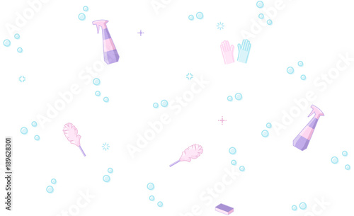 Cleaning service company seamless pattern with spray, sponge, bubbles and clearance. For print, site background, wallpaper.