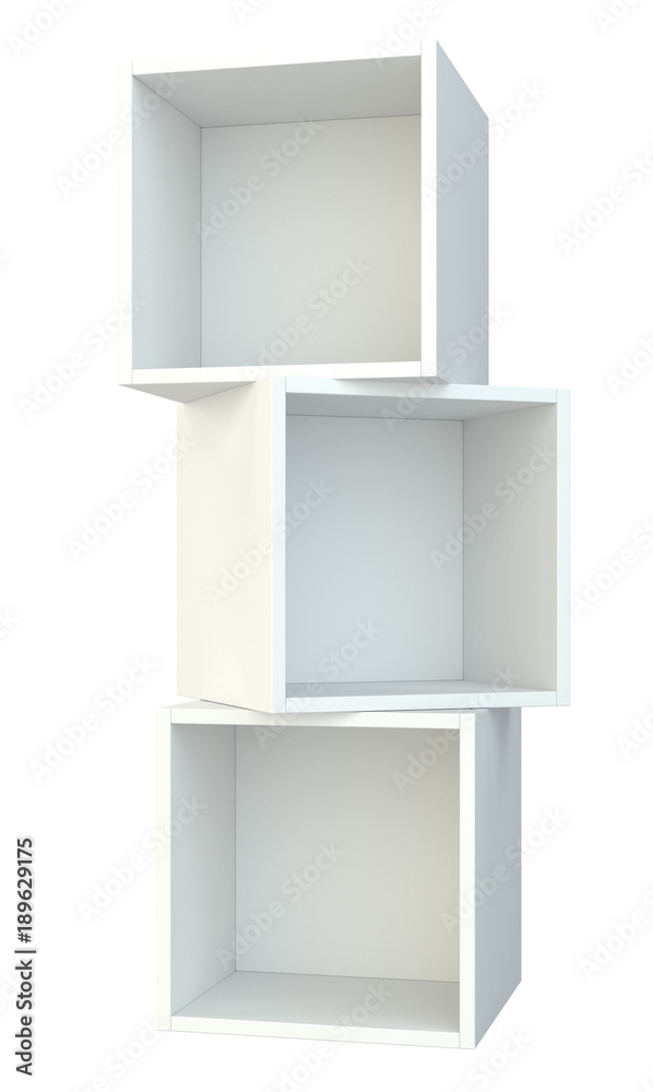 White box shelves. 3d rendering on isolated white background. White box shelves. 3d rendering on isolated white background.