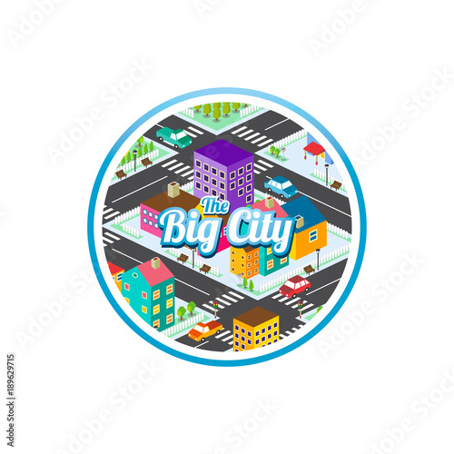 big city isometric real estate realty cartoon logo template