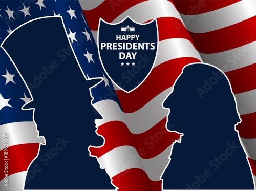 Happy Presidents Day in USA Background. George Washington and Abraham Lincoln silhouettes with flag as background. United States of America celebration. Vector illustration.