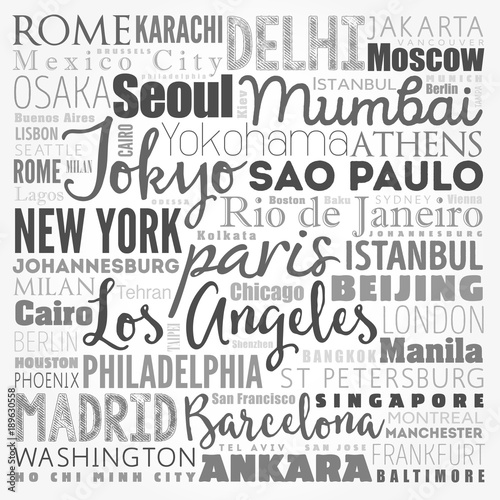 The largest cities in the world word cloud collage, travel destinations concept background
