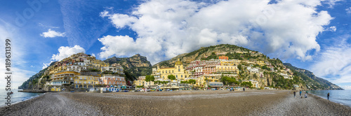 The small haven of Positano village with a turquoise sea and colorful houses on the slopes of the coast. Panorama from the beach.
