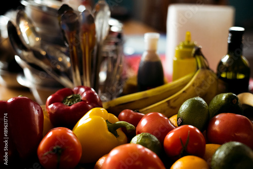 Close-up image from a Kitchen Interior Scene with fruits and vegetables photo