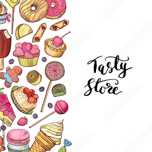 Vector hand drawn colored sweets shop or confectionary