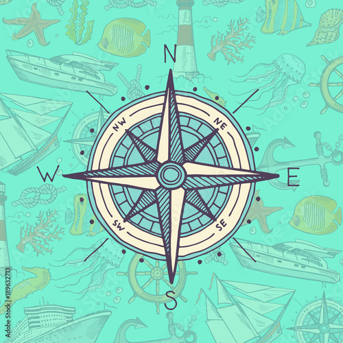 Vector colored and sketched compass