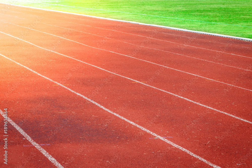 Fototapeta premium Red running track, white line in the stadium