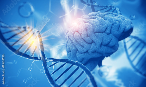 3d render of DNA structure and Brain, abstract background